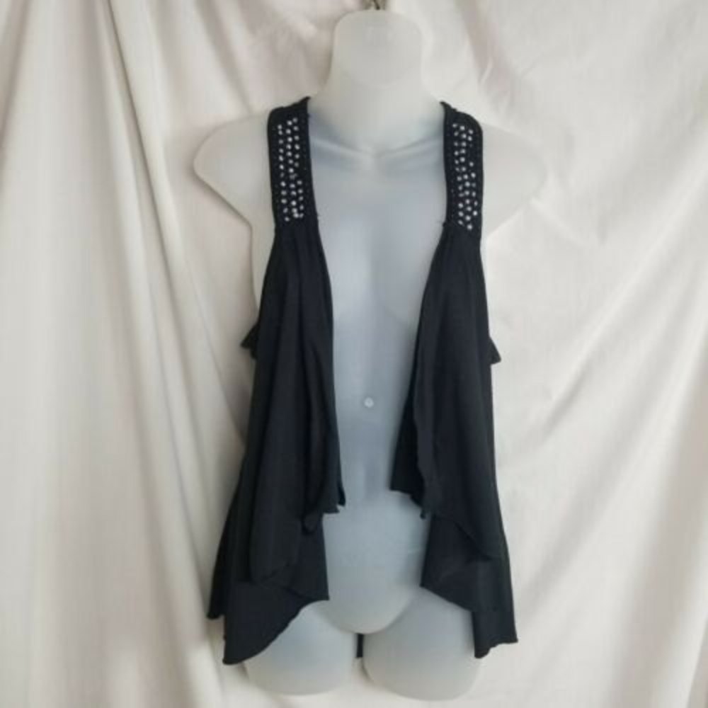 4/$25 EYESHADOW Black Boho Sleeveless Swing Vest Womens M Rhinestones & Pearls - Picture 1 of 12